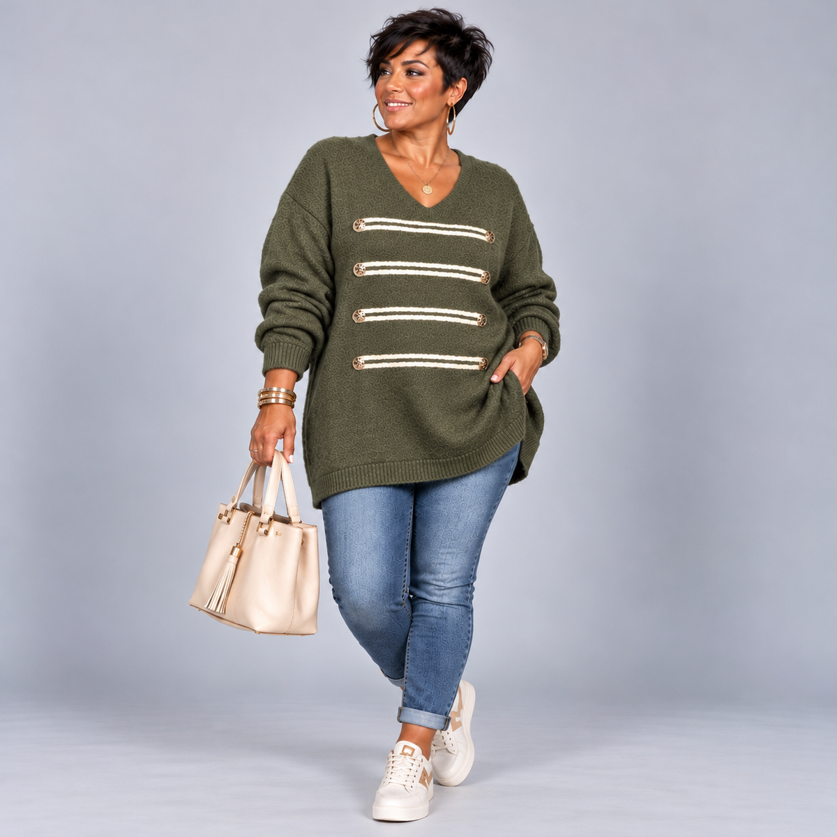 Military Style Longline V-Neck Jumper with Gold Button & Braid Detail