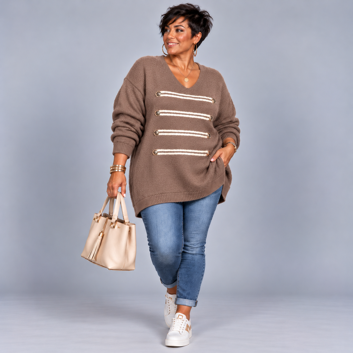 Military Style Longline V-Neck Jumper with Gold Button & Braid Detail