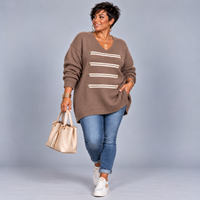 Military Style Longline V-Neck Jumper with Gold Button & Braid Detail