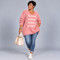 Military Style Longline V-Neck Jumper with Gold Button & Braid Detail