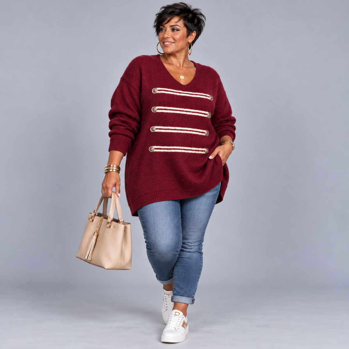 Military Style Longline V-Neck Jumper with Gold Button & Braid Detail