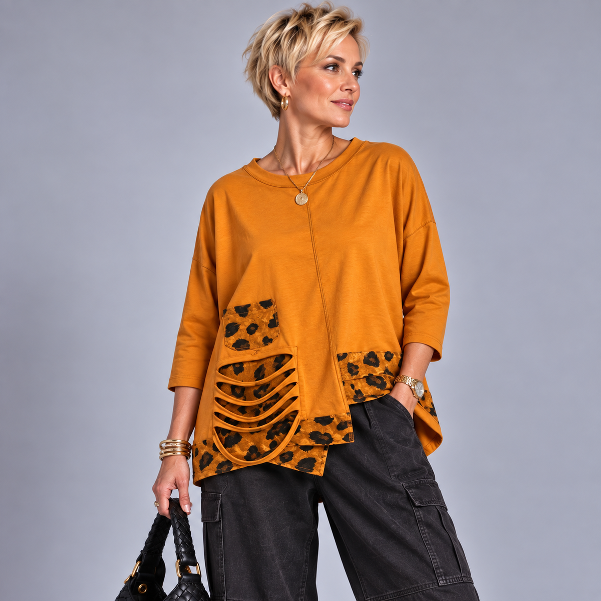 Mustard Oversized Cotton top / sweatshirt with leopard panels