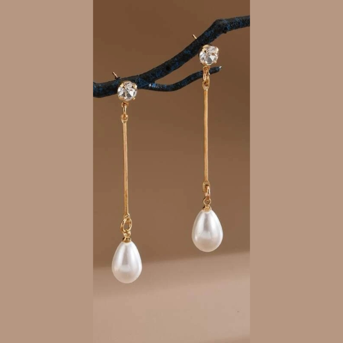 Long Faux White Pearl drop earrings with rhinestone