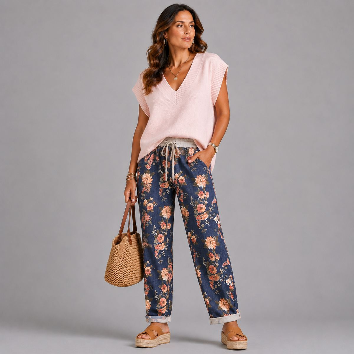 Blue Floral Print Joggers with Pockets