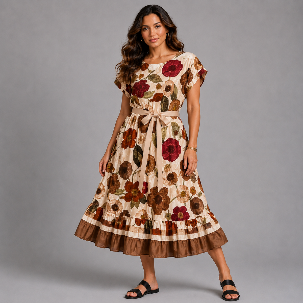 Floral Cap Sleeve Dress with Tie Belt
