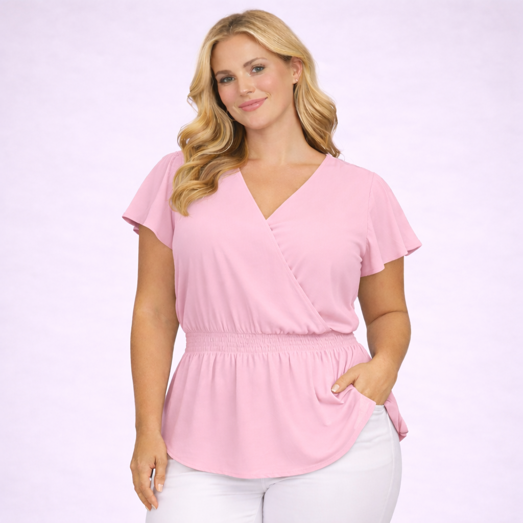 Plain V-Neck Smocked Elastic Waist Peplum Blouse
