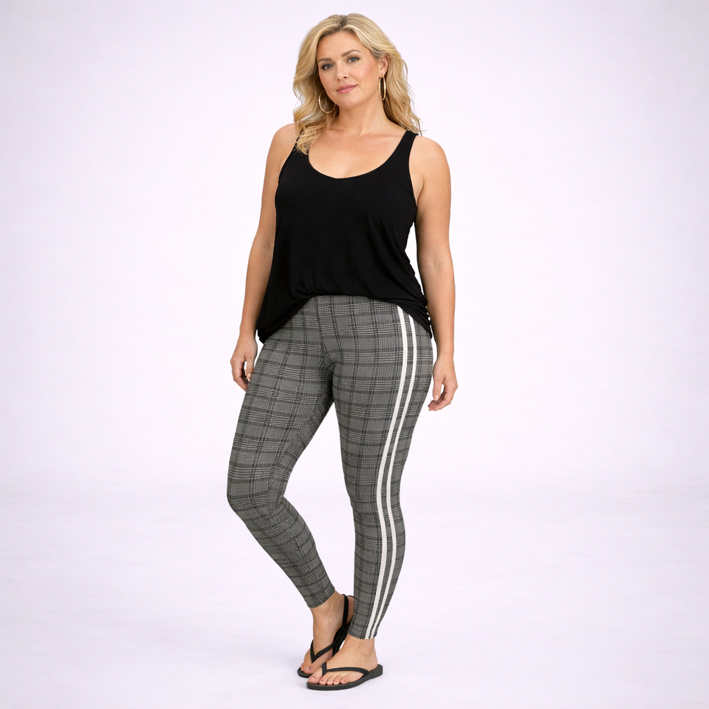 Checked Leggings with Side Stripes