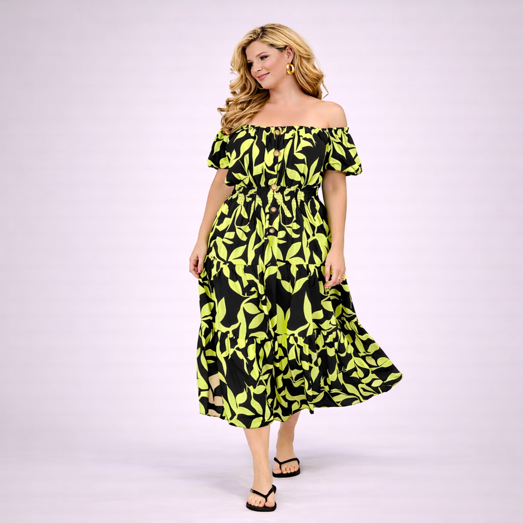 Bright Leaf Print Elastic Waist Gypsy Style Calf Length Dress