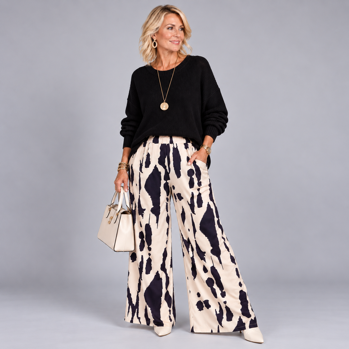 Splash Print Stretchy Elasticated Waist Trousers with Pockets