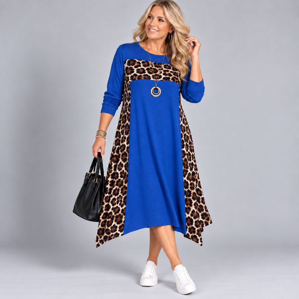 Hanky Hem Midi Dress with Leopard Panels