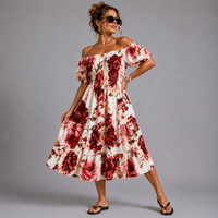 Flower and Leaf Print Elastic Waist Gypsy Dress