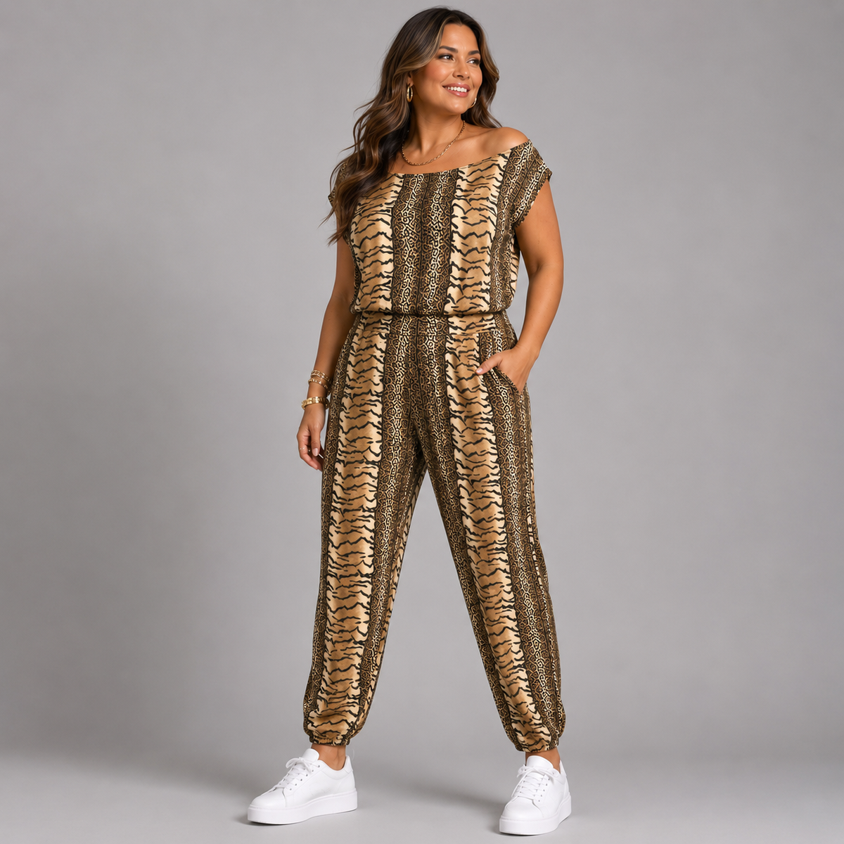Off Shoulder Cap Sleeve Tiger Print Jumpsuit