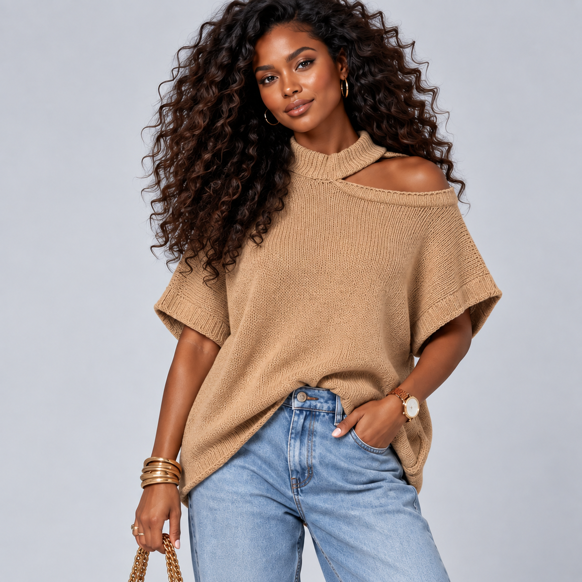 Long Length Short Sleeve Jumper with Open Shoulder & Choker Neck