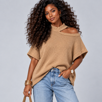 Long Length Short Sleeve Jumper with Open Shoulder & Choker Neck