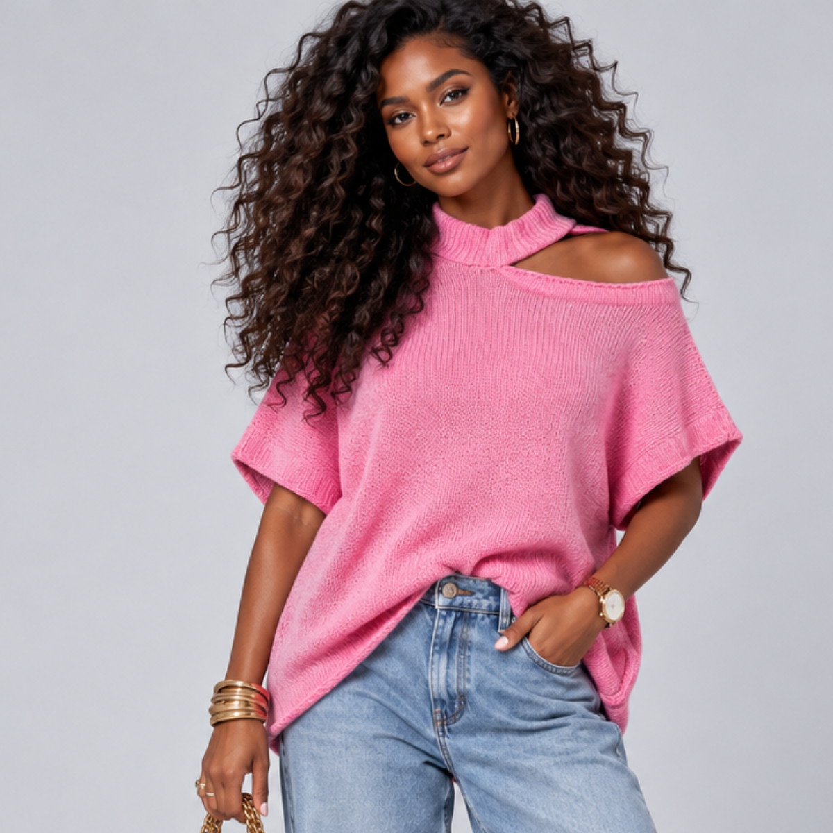 Long Length Short Sleeve Jumper with Open Shoulder & Choker Neck
