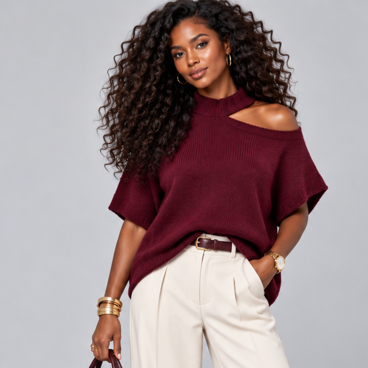Long Length Short Sleeve Jumper with Open Shoulder & Choker Neck