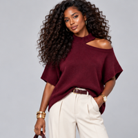 Long Length Short Sleeve Jumper with Open Shoulder & Choker Neck