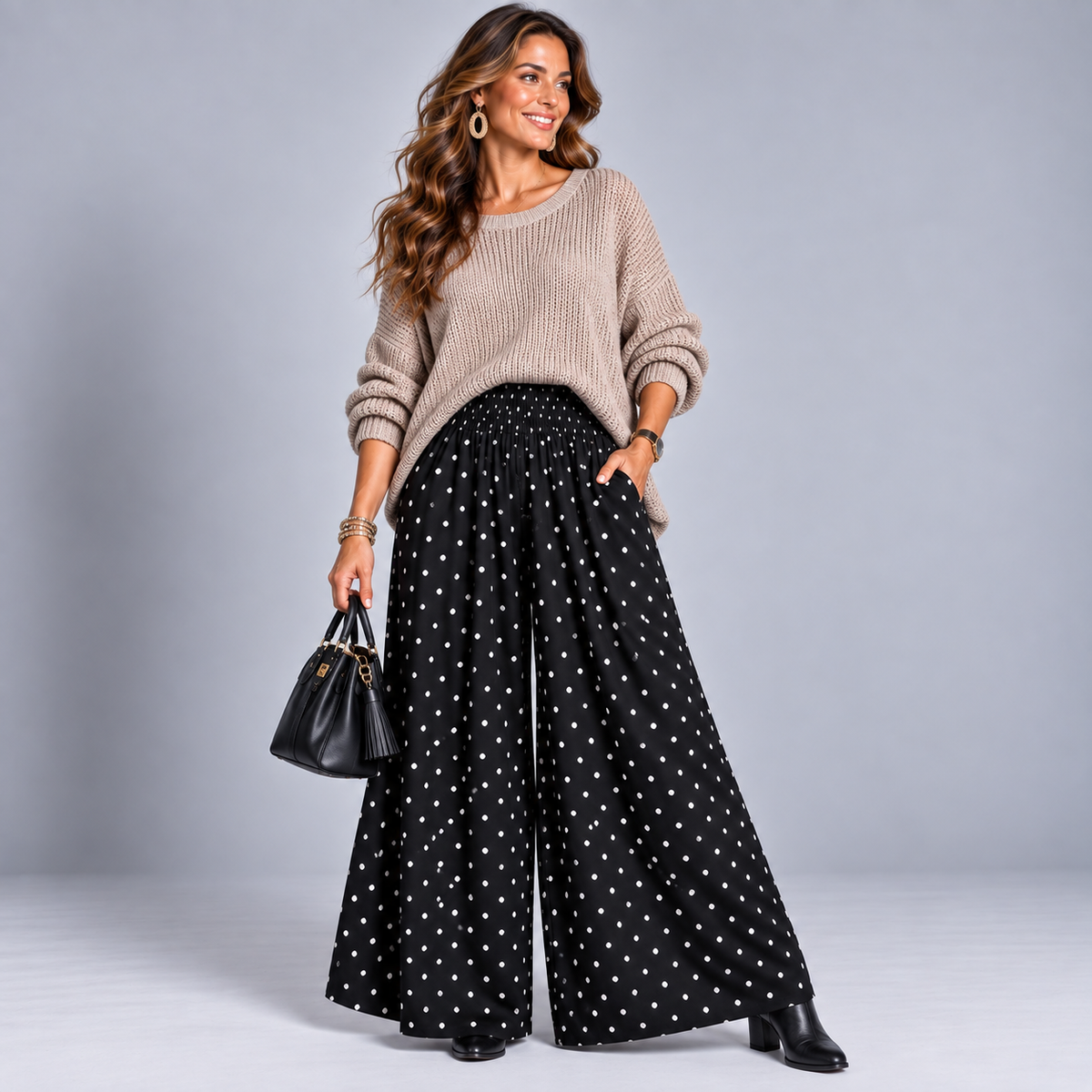 Polka Dot Wide Leg Palazzo Trousers with Pockets