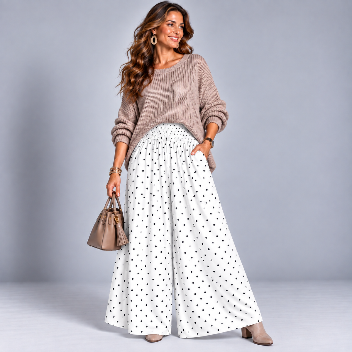 Polka Dot Wide Leg Palazzo Trousers with Pockets