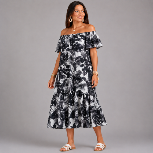 Palm Leaf Floral Fully Lined Midi Bardot Dress