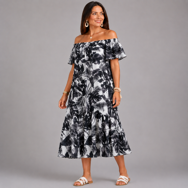 Palm Leaf Floral Fully Lined Midi Bardot Dress