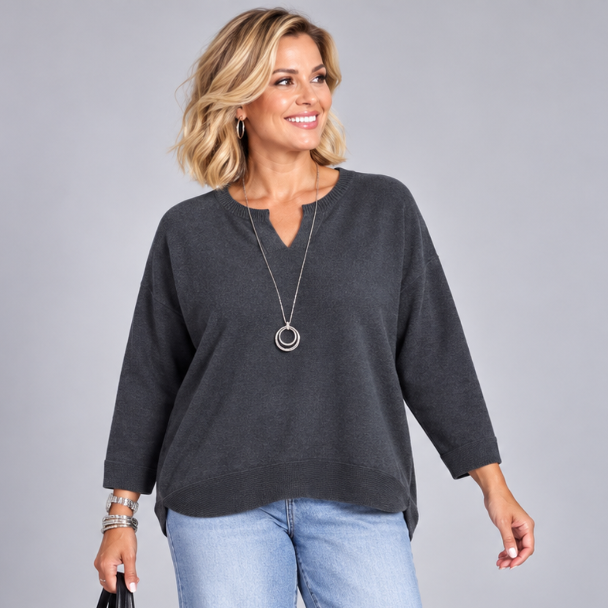 Plain Super Soft V-Neck Rounded Hem Jumper