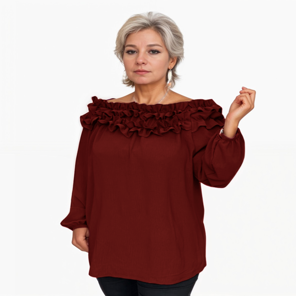 RUFFLED NECK OFF SHOULDER LONG SLEEVE TOP BLOUSE