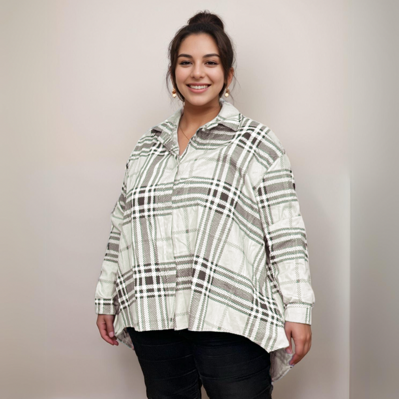 Check Pattern Dipped-Hem Shirt/Blouse Plus Size