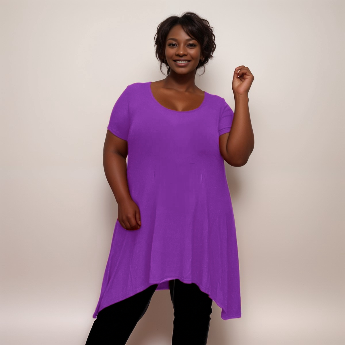 Long Plain Short Sleeve Swing Top with Hanky Hem