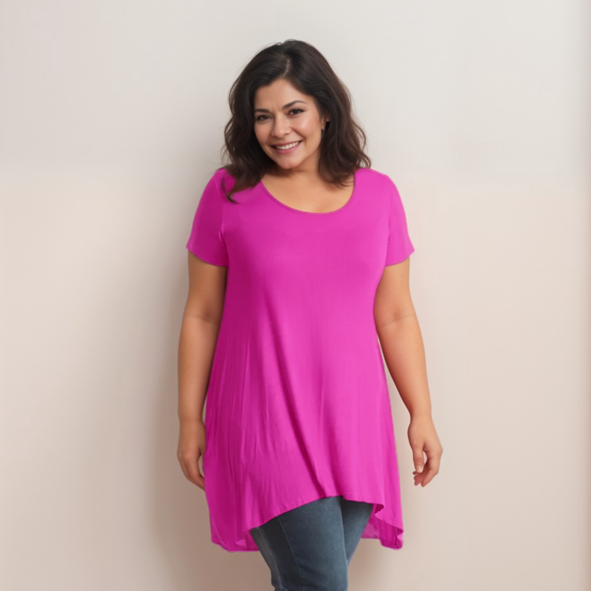 Long Plain Short Sleeve Swing Top with Hanky Hem
