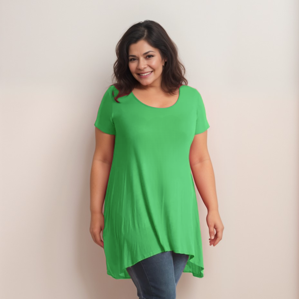Long Plain Short Sleeve Swing Top with Hanky Hem