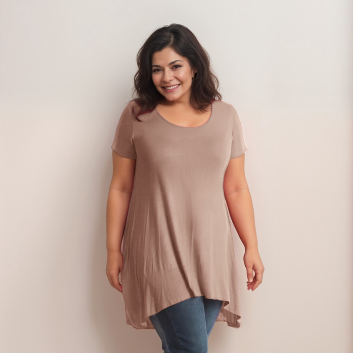 Long Plain Short Sleeve Swing Top with Hanky Hem