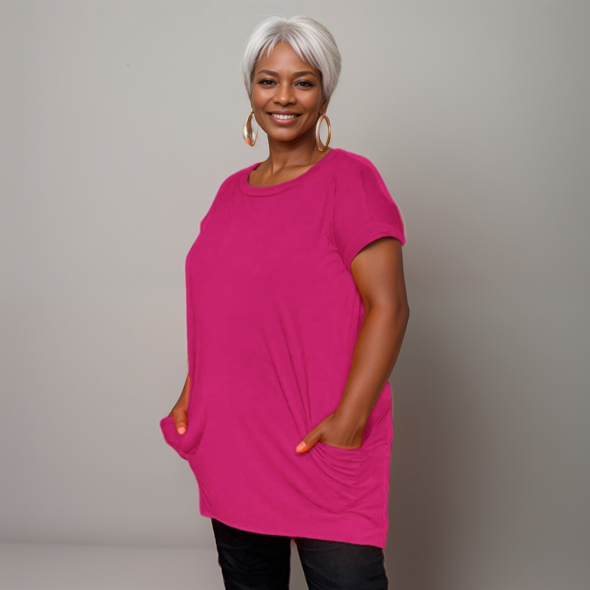 Longline Dipped-Hem T-Shirt with Side Pockets