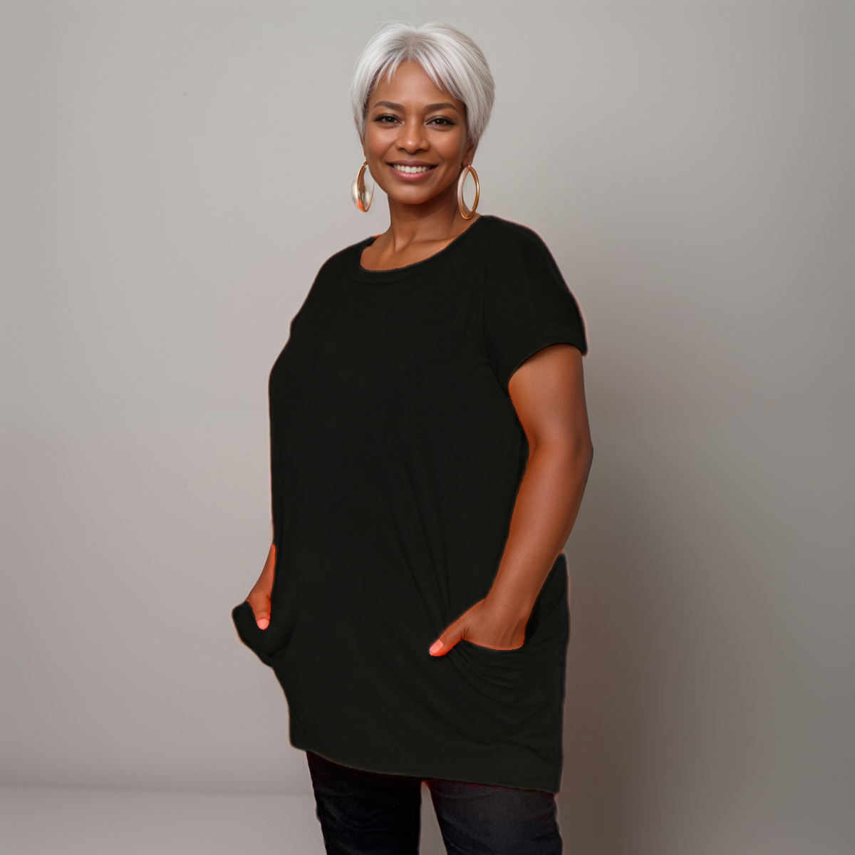 Long Dipped-Hem T-Shirt with Side Pockets