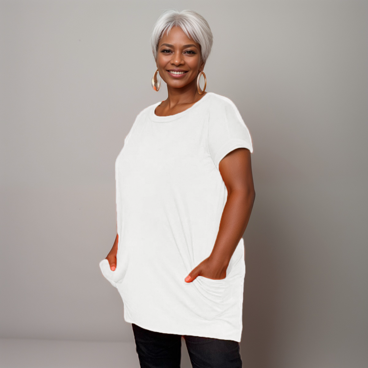 Longline Dipped-Hem T-Shirt with Side Pockets