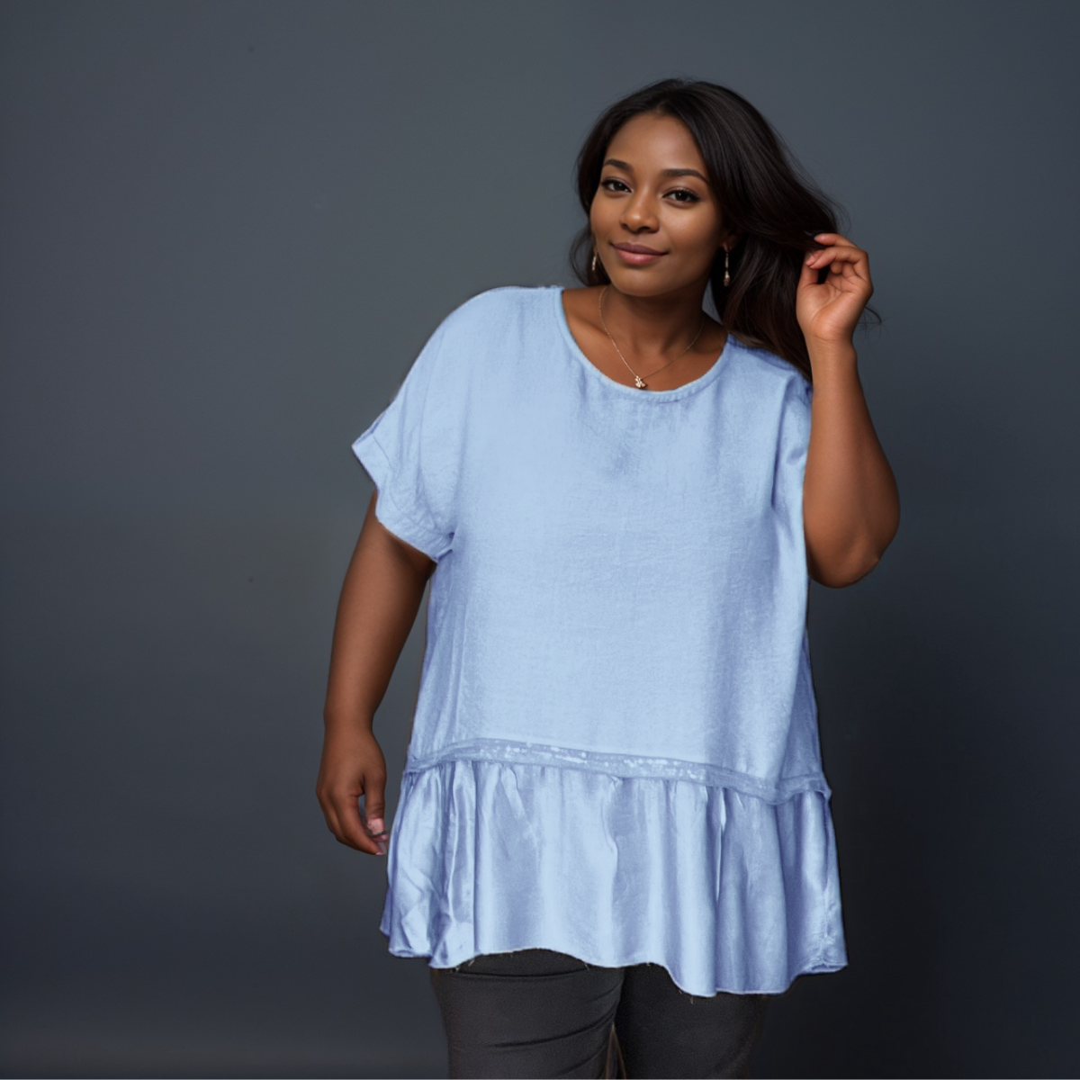 Loose Fitting Blouse with Sequin + Satin Hem