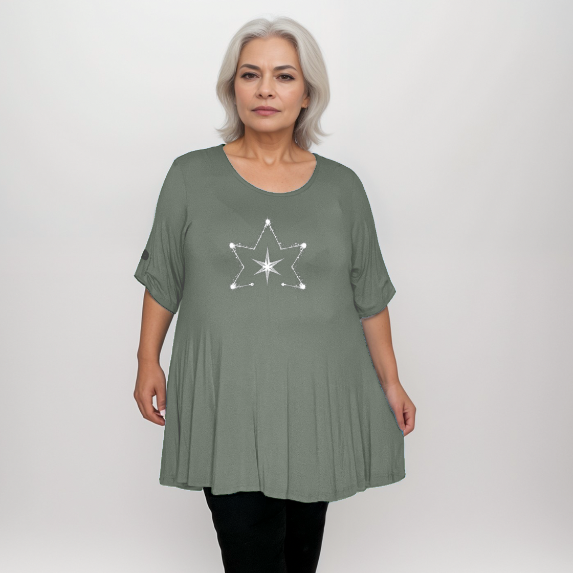 Double Star Plus-Size Button Sleeve Swing Top