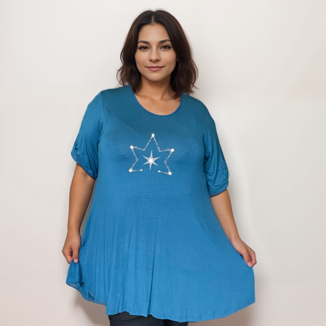 Double Star Plus-Size Button Sleeve Swing Top