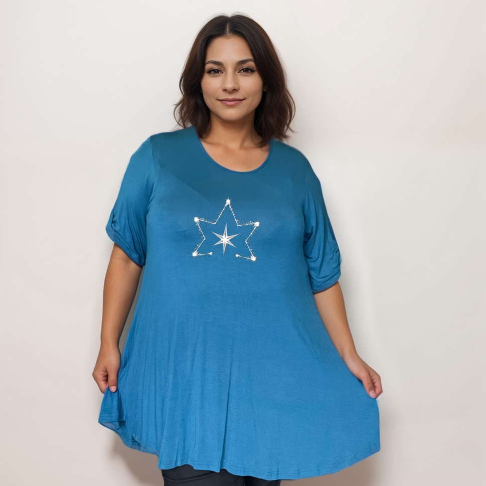 Double Star Plus-Size Button Sleeve Swing TopTEAL / UK 14