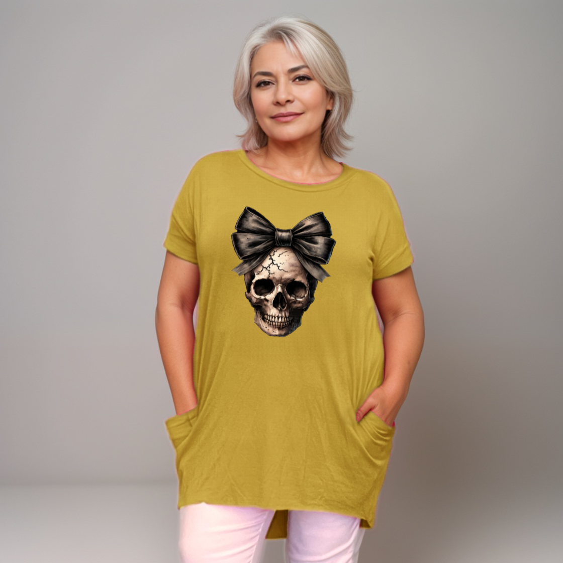 Long Skull with Bow T-Shirt with Side Pockets