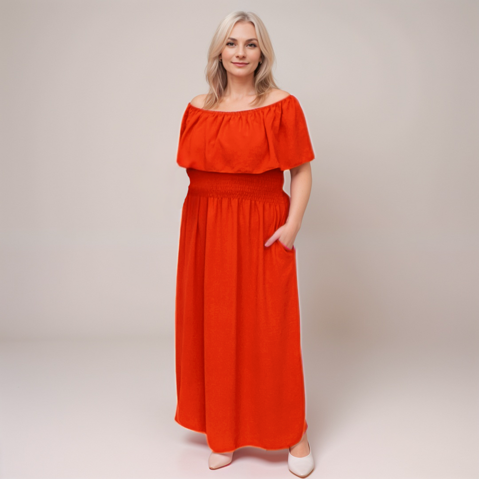 Frilled Off-Shoulder Maxi Dress with Smocked Waist & Side PocketsORANGE / UK 16-18