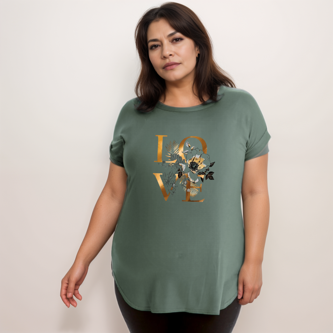 Dipped-Hem T-Shirt with Gold “Love” Logo