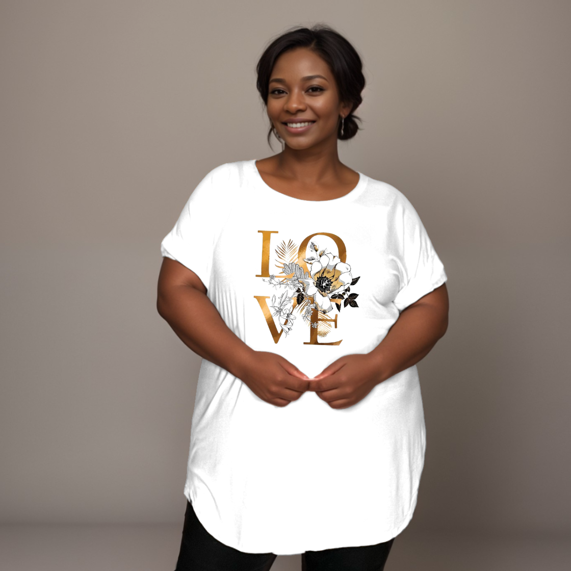 Dipped-Hem T-Shirt with Gold “Love” Logo