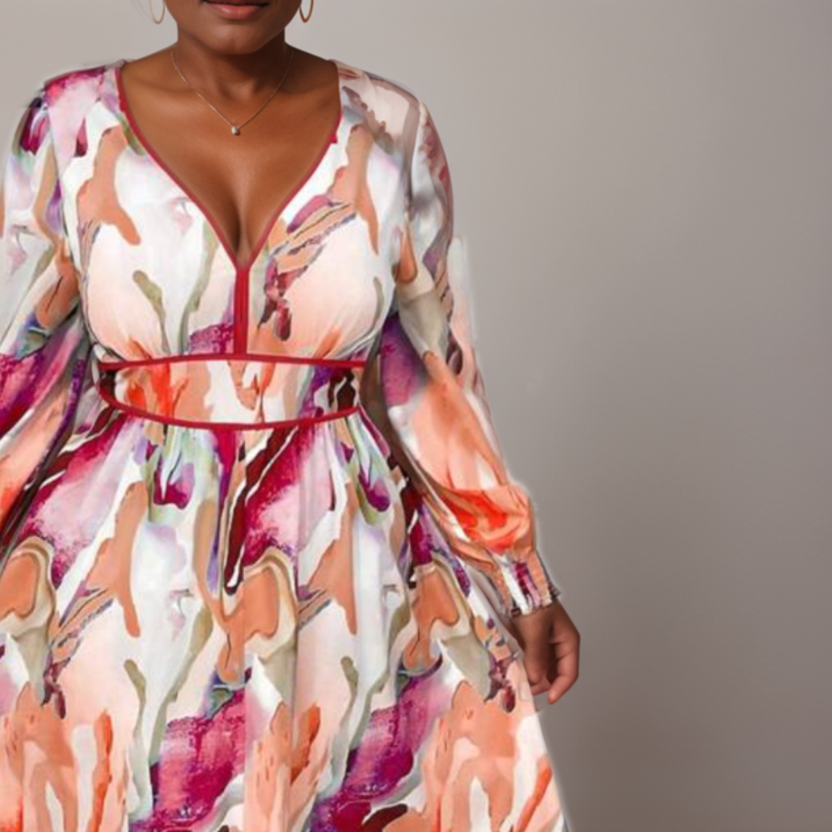 V-Neck Orange-Red Print Midi Dress