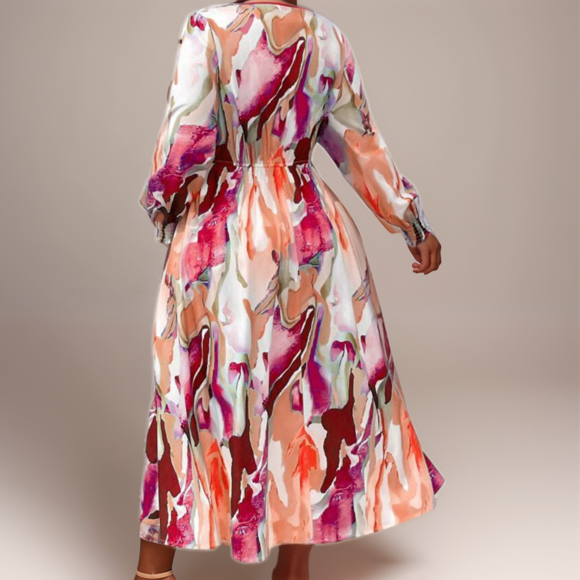 V-Neck Orange-Red Print Midi Dress