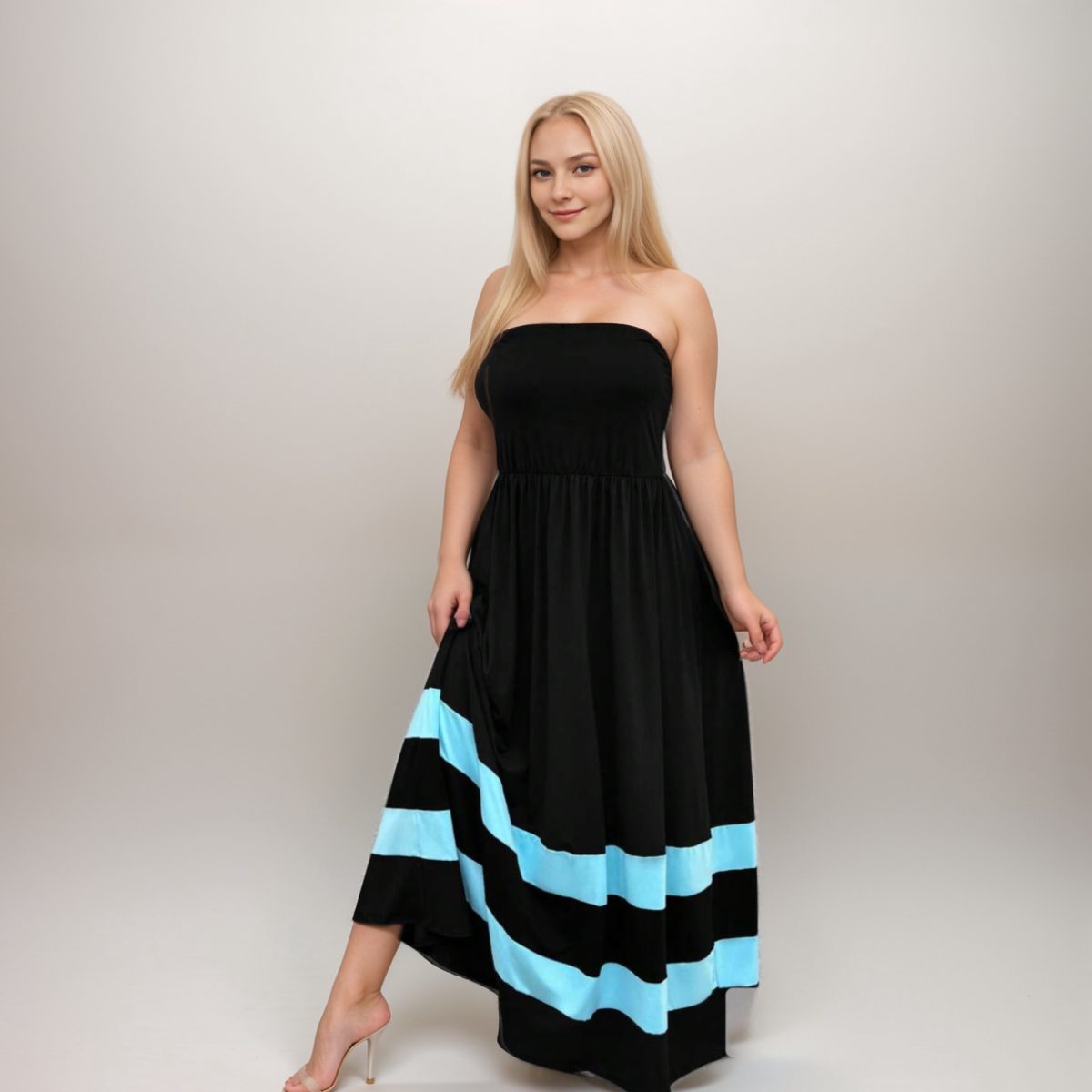 Strapless Striped Hem Maxi Dress