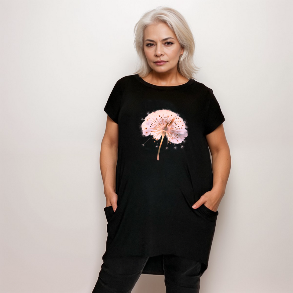 BLACK LONG POCKET T-SHIRT / TOP WITH DANDELION