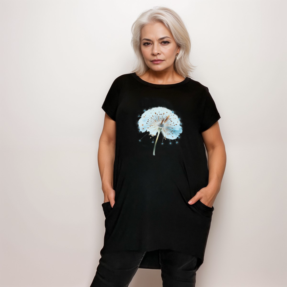 BLACK LONG POCKET T-SHIRT / TOP WITH DANDELION