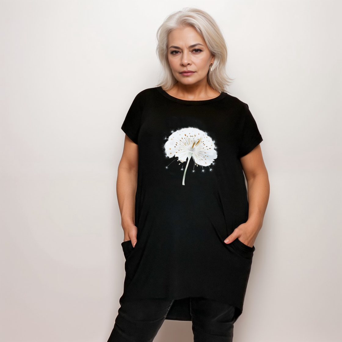 BLACK LONG POCKET T-SHIRT / TOP WITH DANDELION