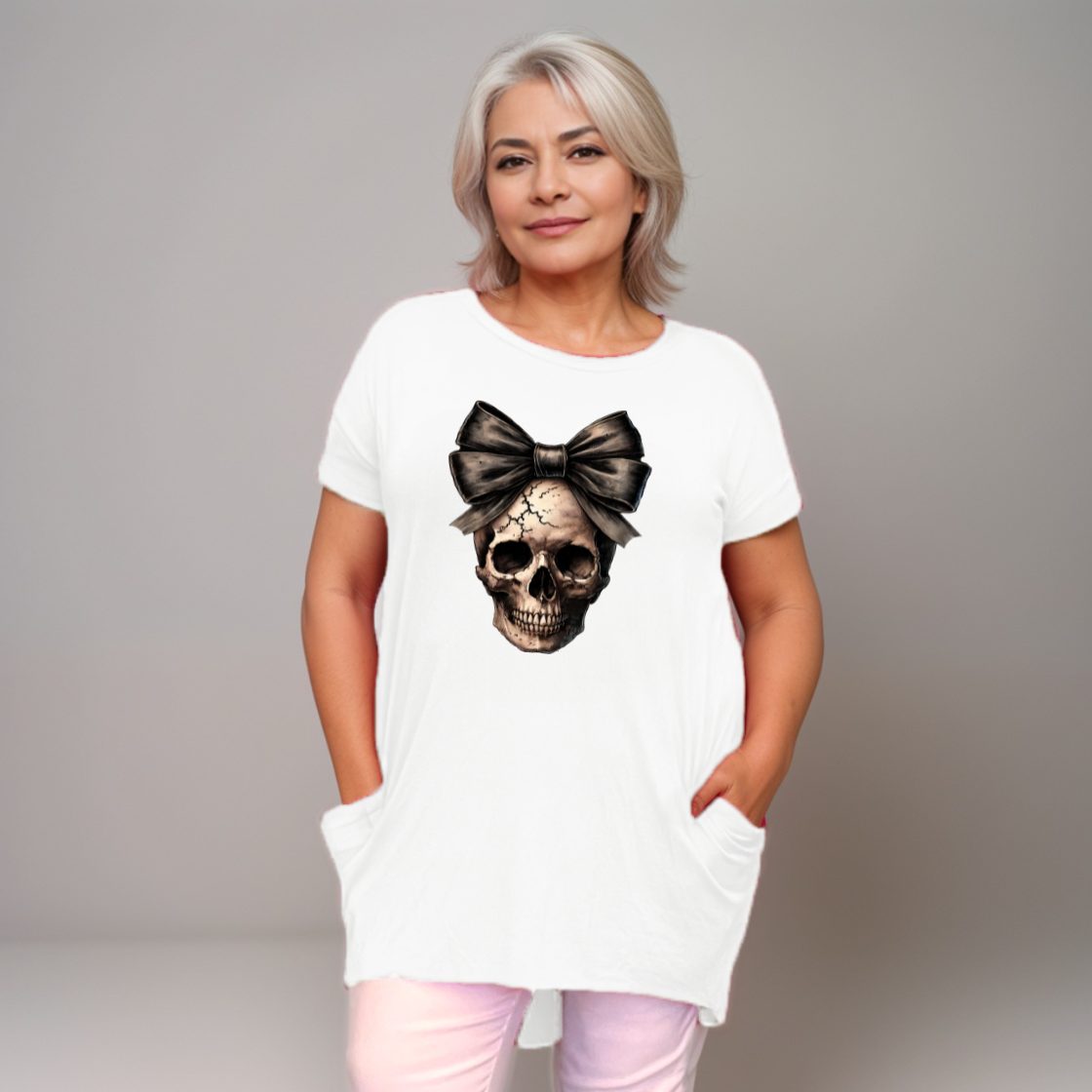 Long Skull with Bow T-Shirt with Side Pockets